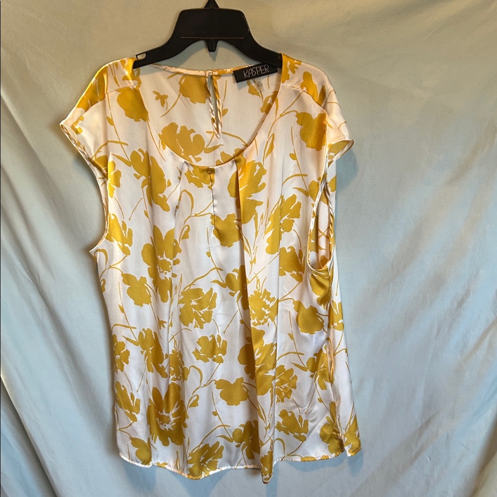 Kasper Cream Satin Top with Yellow Floral Print